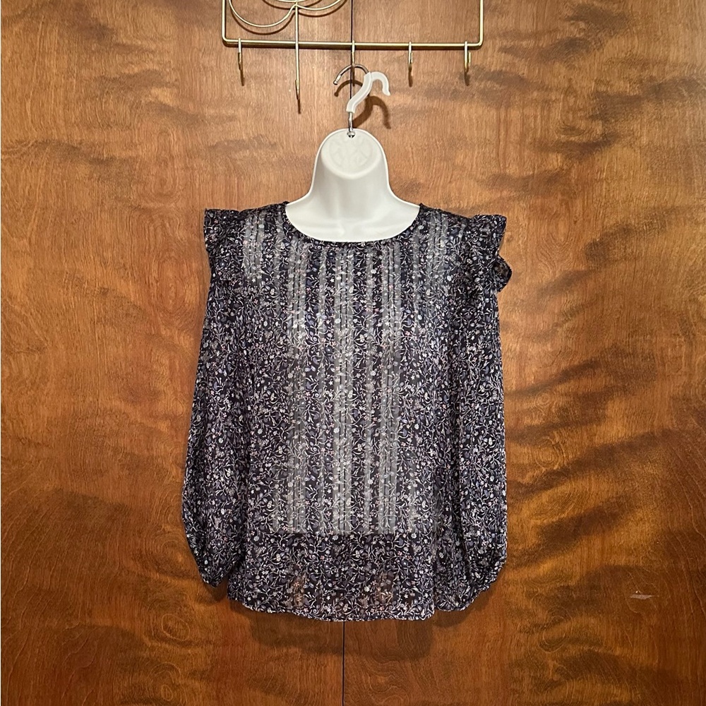 W5 Puff Sleeve Sheer Metallic Blouse Womens S Navy Floral Polyester Long Sleeve